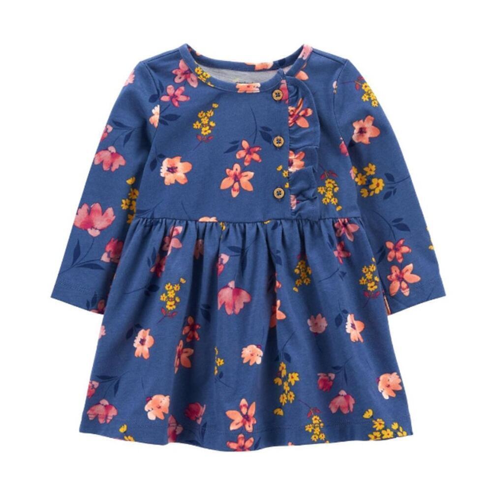 Carter's Baby Girls Long Sleeve Fitted Sleeve A-Line Dress in Blue, Size 3M​​​​